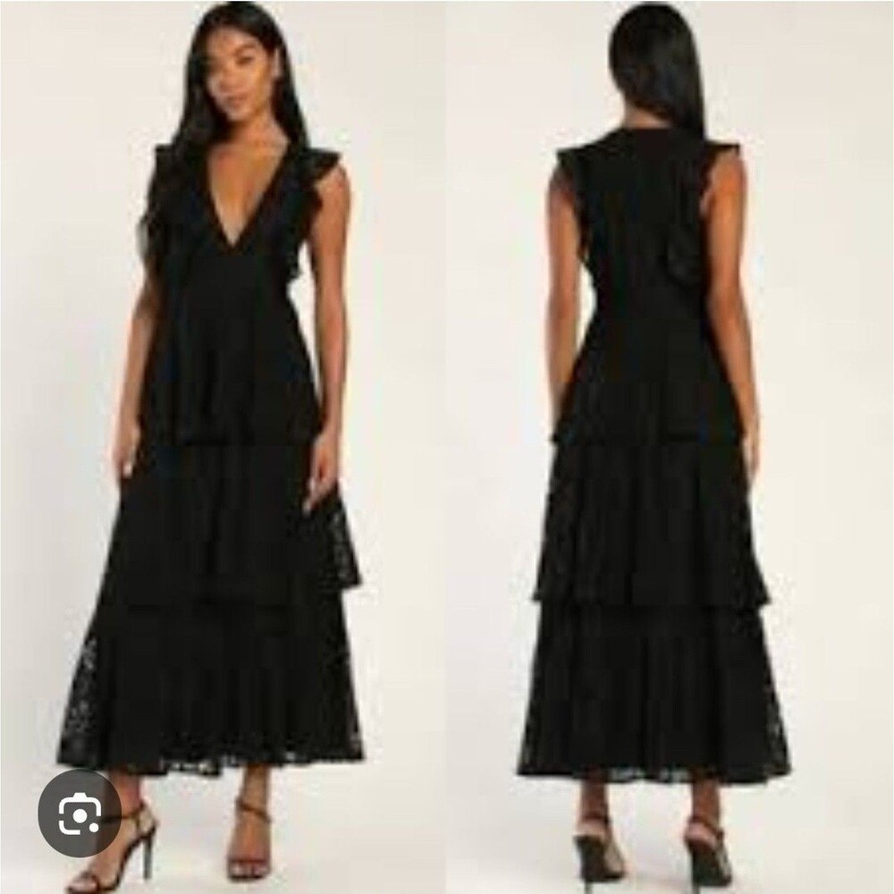 NEW Lulus Molinetto Black Lace Tiered Ruffle Maxi Dress LARGE Dark Fairy Goth